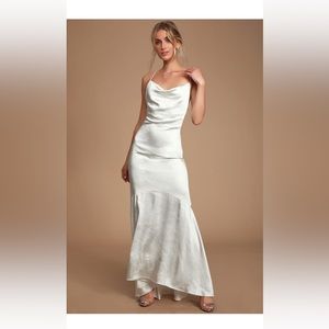 NWT Lulu’s White Satin Cowl Neck Maxi Dress